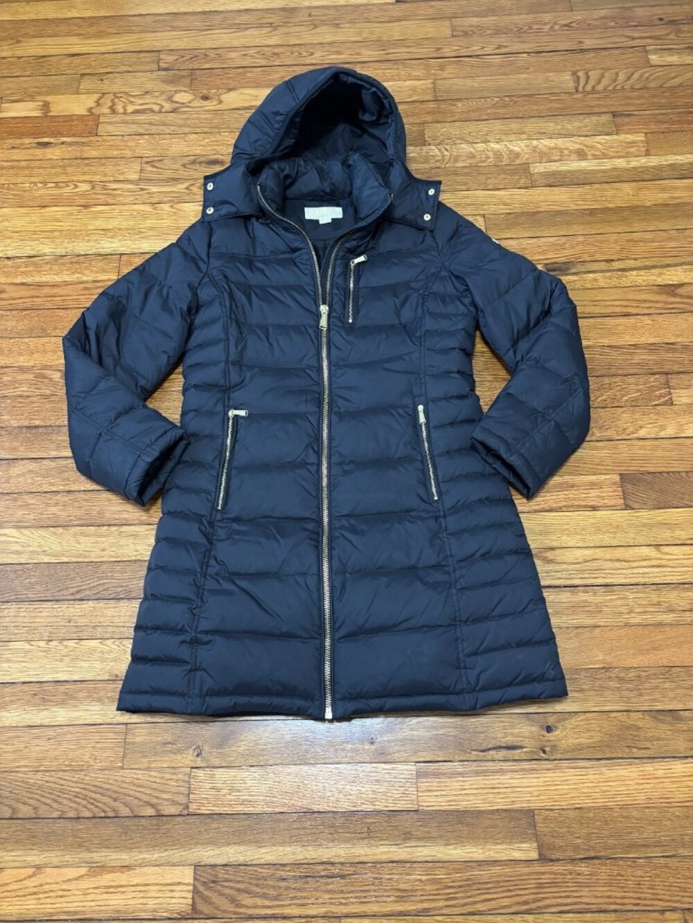 Michael Kors Womens Down Puffer Parka Jacket Medium Black Full Zip Hooded Coat